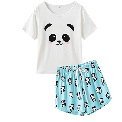 MyFav Damen-Pyjama-Set, niedliches Panda-Muster, kurzärmelig, gestreift, Shorts, Nachtwäsche, Weißer Panda, 38 von MyFav