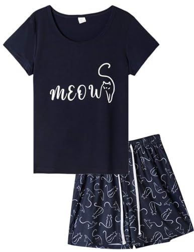 MyFav Damen-Pyjama-Set, niedliches Panda-Muster, kurzärmelig, gestreift, Shorts, Nachtwäsche, navy, 32 von MyFav