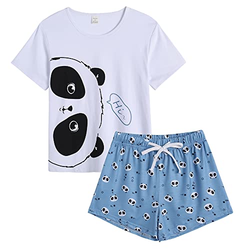 MyFav Damen-Pyjama-Set, niedliches Panda-Muster, kurze Ärmel, gestreifte Shorts, Nachtwäsche, Blauer Panda, 48 von MyFav