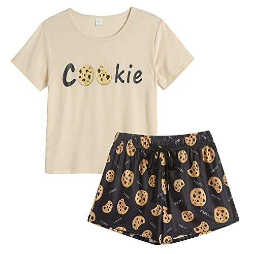 MyFav Damen-Pyjama-Set, niedliches Panda-Muster, kurze Ärmel, gestreifte Shorts, Nachtwäsche, cookie, 36 von MyFav