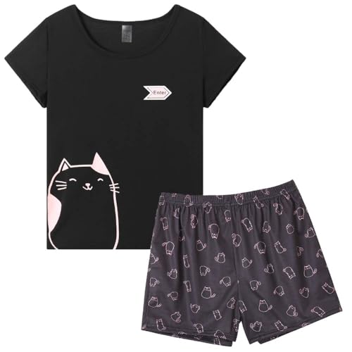 MyFav Damen-Pyjama-Set, niedliches Panda-Muster, kurze Ärmel, gestreifte Shorts, Nachtwäsche, katze, 46 von MyFav