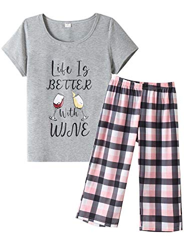 MyFav Damen Pyjama-Set Kurz-Kurzarm-Shirt und 3/4 Lange Schlafhose Schlafanzug 2 Stück Pjs Sets (Small,Grau kariert) von MyFav