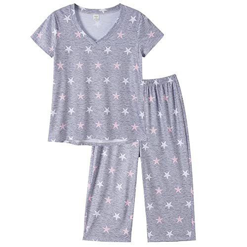 MyFav Damen Pyjama Set Sommer Schlafanzug Kurz Hausanzug Kurzarm Oberteil und Hose Nachthemd Zweiteiliger Freizeitanzug,Grauer Stern,L von MyFav