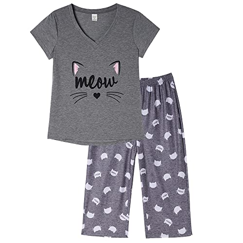 MyFav Damen Pyjama Set Sommer Schlafanzug Kurz Nachtwäsche Weich Hausanzug 2 Stück Loungewear für Frauen,Graue Katze,XL von MyFav