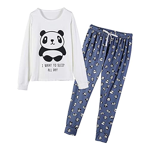 MyFav Damen Pyjama Set Zweiteiliger Casual Komfort Nachtwäsche Lang Schlafanzug Loungewear(blau,L) von MyFav