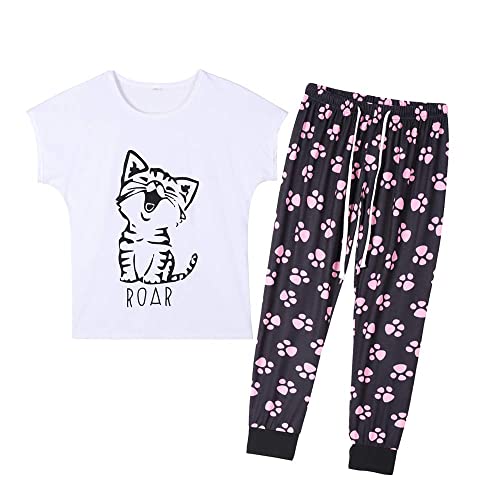 MyFav Damen Pyjama Sets Lang Winter Nachtwäsche Rundhals Süße Katze Zweiteiliger Hausanzug Schlafanzug,Weiß,XL von MyFav