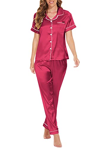 MyFav Damen Pyjama Sets Zweiteilige Schlafanzug Kurzarm Shirt und Lange Hose Nachtwäsche Lounge Set,Weinrot,S von MyFav