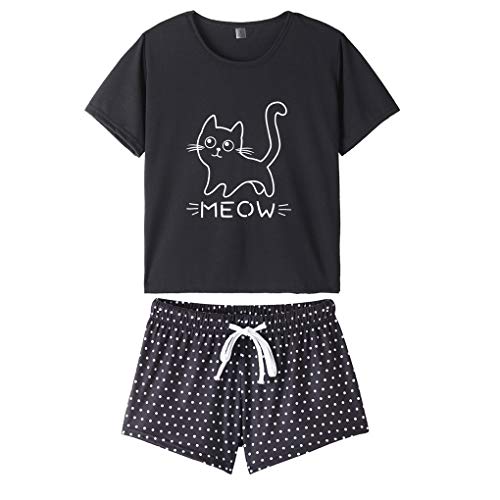 MyFav Damen Pyjamas Schlafanzug Bequem Stilvoll Katze Cartoon gedruckt Nachtwäsche, Schwarz, X-Large von MyFav