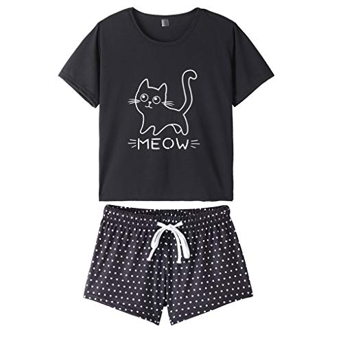 MyFav Damen Pyjamas Schlafanzug Bequem Stilvoll Katze Cartoon gedruckt Nachtwäsche, Schwarz, X-Small von MyFav