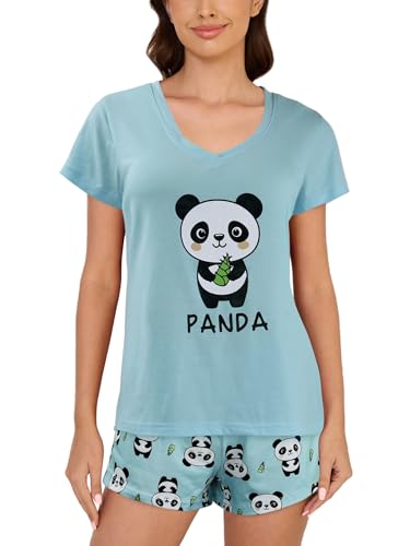 MyFav Damen Pyjamas Set Shorts Niedlich Kurzarm Schlafanzug Soft Lounge Sets 2 Stück Pjs Nachtwäsche,Blau Panda,M von MyFav