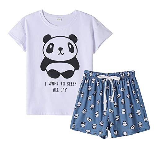 MyFav Damen Pyjamas Set Süßer Panda-Print Schlafanzug Lounge Kurze Nachtwäsche Hausanzug für Frauen(Weiß,M) von MyFav