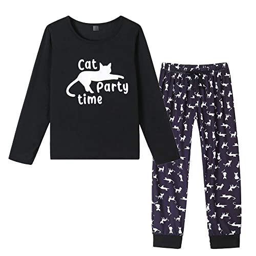 MyFav Damen Pyjamas Set Winter Weich Nachtwäsche Zweiteilig Lang Schlafanzug Shirt and Lange Hosen Warm Loungewear,Schwarze Katze,XS von MyFav