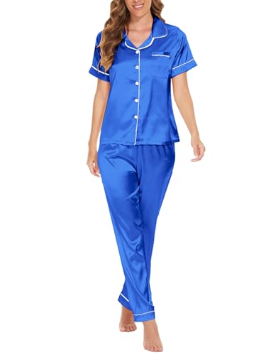 MyFav Damen Satin Pyjama Button Down Schlafanzug Kurzarm Nachtwäsche Top and Lange Hosen Set Frauen Pjs Sets Hausanzug Loungewear,Blau,M von MyFav