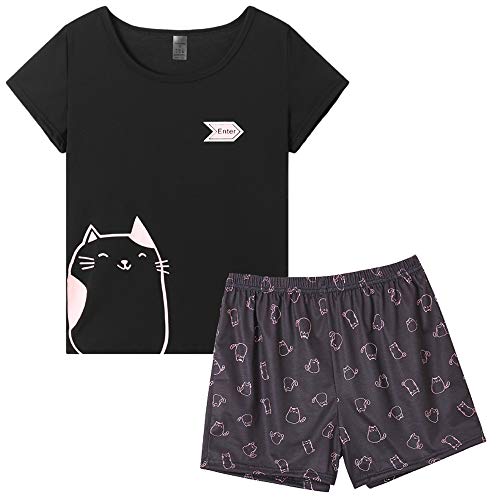 MyFav Damen Schlafanzug Kurz Pyjama Set Kurzarm Cartoon Nachtwäsche Rund Ausschnitt Zweiteiliger Hausanzug (schwarz,M) von MyFav