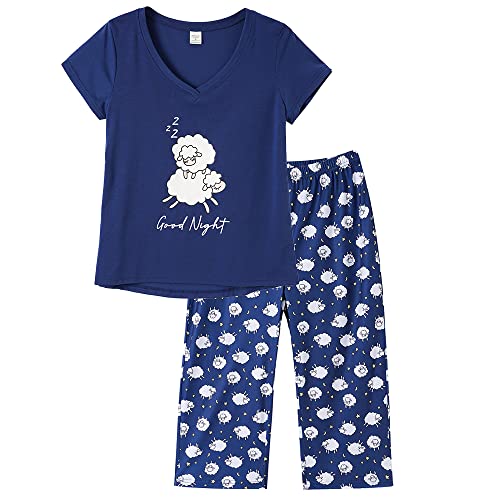MyFav Damen Schlafanzug Kurz Pyjama Set Zweiteilige Nachtwäsche Niedlich Hausanzug Kurzarm Shirt mit 3/4 Hose,Blaues Schaf,XXL von MyFav