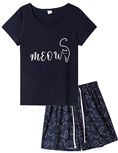 MyFav Damen Schlafanzug Kurzarm Pyjama Set Sommer Schön Cartoonmuster Zweiteiliger Nachtwäsche (Marine,S) von MyFav