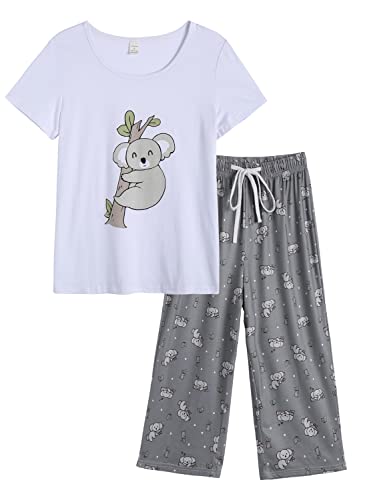 MyFav Damen Schlafanzug Kurzarm Tops mit Capri Hosen Pyjama Sets(Small,Koala) von MyFav