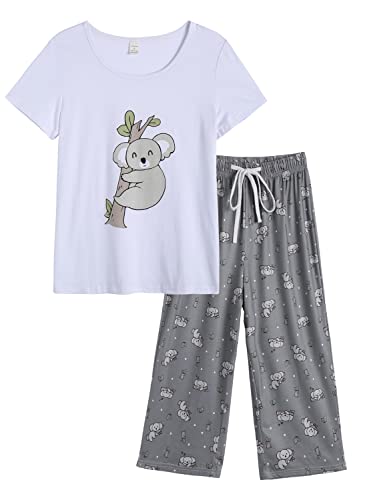 MyFav Damen Schlafanzug Kurzarm Tops mit Capri Hosen Pyjama Sets(X-Large,Koala) von MyFav