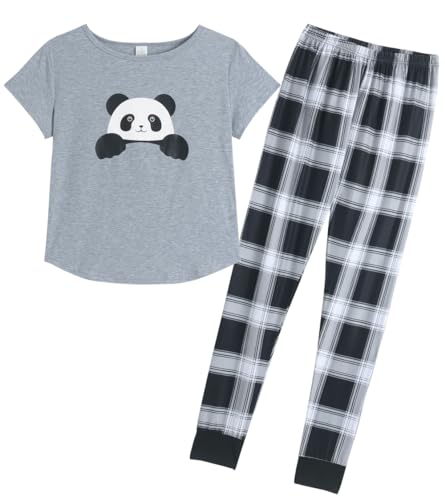 MyFav Damen Schlafanzug Set Niedlicher Panda Bedruckt Kurzarm Oberteil und Lange Hose Weiche Nachtwäsche 2 Stück Pyjama,Grau Panda,XL von MyFav