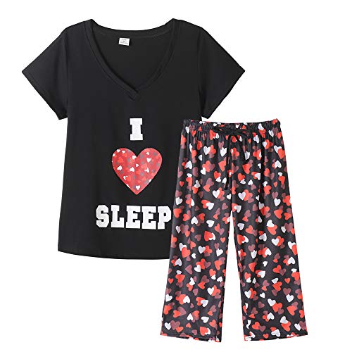 MyFav Damen Schlafanzug Set Süßer Herzdruck Pyjama Frauen Kurzarm Capri Nachtwäsche Frühling Herbst Sleepwear(Schwarz,3XL) von MyFav