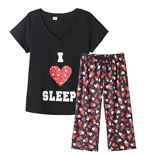 MyFav Damen Schlafanzug Set Süßer Herzdruck Pyjama Frauen Kurzarm Capri Nachtwäsche Frühling Herbst Sleepwear(Schwarz,XXL) von MyFav