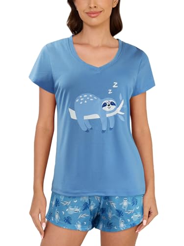 MyFav Damen Schlafanzug Sets Kurzarm Oberteil Pyjama mit Shorts Lässig Bequem Pj Set Loungewear,Blau Faultier,XXL von MyFav