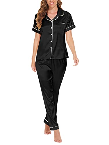 MyFav Damen Seide Satin Pyjamas Set Knopf Unten Schlafanzug Zweiteilige Nachtwäsche Kurze Ärmel Loungewear Pjs Set,Schwarz,L von MyFav