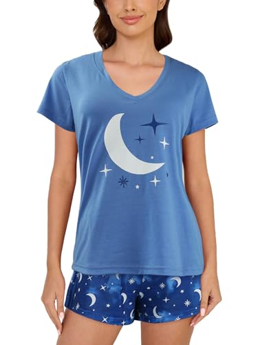 MyFav Damen Shorts Pyjama Set Kurzarm Schlafanzug Sommer 2 Stück Nachtwäsche Pjs,Blau Mond,S von MyFav