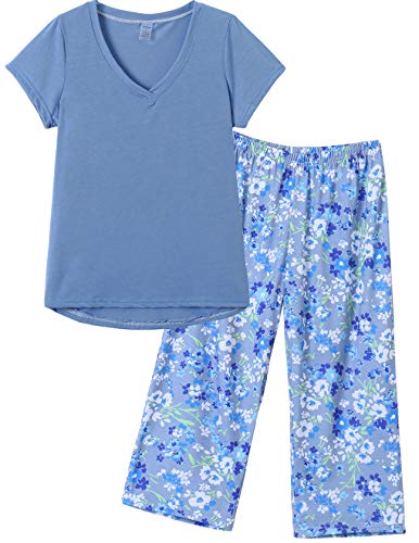 MyFav Damen Stilvoll Schlafanzug Sommer Zweiteiliger V Ausschnitt Pyjama Lounge Hausanzug(blau,L) von MyFav