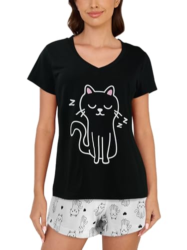 MyFav Damen Weicher V-Ausschnitt Pjs Süß Kurzarm Shorts Sets Bequem Nachtwäsche 2 Stück Pyjama Loungewear,Katze Schwarze,L von MyFav