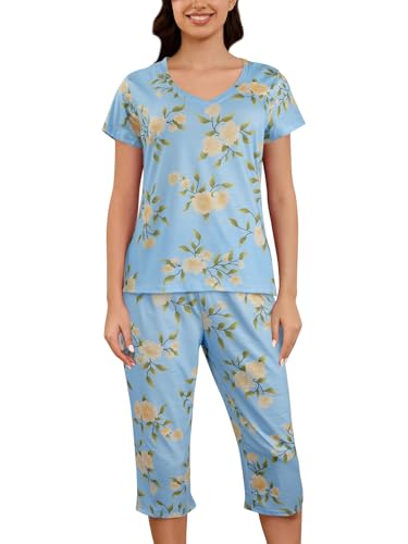 MyFav Frauen Pyjama-Sets Plus Größe Schlafanzug Weichen Komfort Pjs Klassischer Blumendruck 2 Stück Nachtwäsche Lounge Set, Blau Floral, 3XL von MyFav