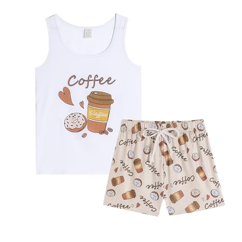MyFav Frauen Schlafanzug Ärmellos Pyjama Tank Top und Shorts Pyjamas Set Schick Rundhalsausschnitt Nachtwäsche Outfit,Weiß XL von MyFav