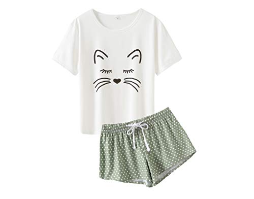 MyFav Frauen Schlafanzug Sanft gemütlich Karikatur Katze Kurzarm Homewear Pyjama Set, Grün, Small von MyFav