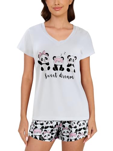 MyFav Frauen Shorts Pyjama Set Niedlich Cartoon Panda Drucke Kurzarm Schlafanzug Pjs Sets Zweiteilige Outfits,Weiß Panda,XL von MyFav