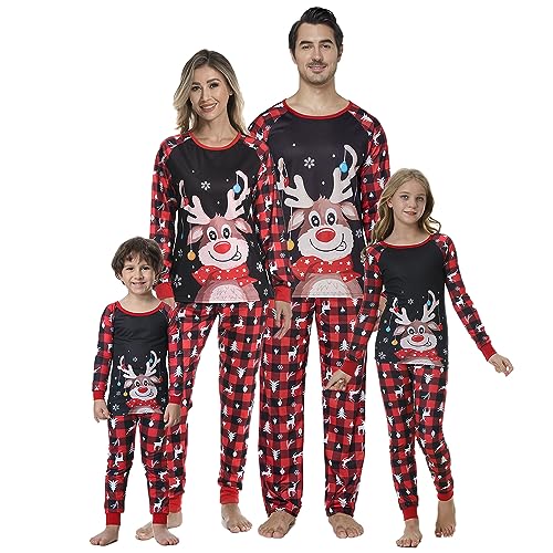 MyFav Passende Familie Pyjama Set Weihnachten Niedliche Hirsch Drucken Langarm Schlafanzug Sets Xmas Nachtwäsche für Paare und Kinder,Schwarz Hirsch,Damen,L von MyFav