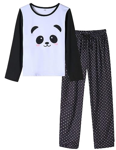 MyFav Pyjama für Damen, lang, Pyjama-Set, Freizeitkleidung, Langarm, Nachtwäsche, zweiteilig, Panda schwarz, 32 von MyFav