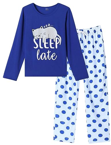 MyFav Pyjama für Damen, lang, Pyjama-Set, Freizeitkleidung, Langarm, Nachtwäsche, zweiteilig, blau, 42 von MyFav