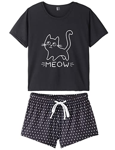 MyFav Pyjama für Damen, niedlich, Panda, T-Shirt, Nachtwäsche, Oberteil und Shorts, Set Pyjamas, Sommerkomfort Damen, Schwarz , 38 von MyFav