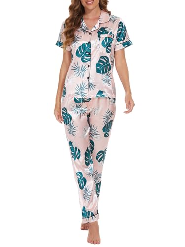 MyFav Satin Pyjama Damen Kurzarm Nachtwäsch Hausanzug Frauen Seiden Schlafanzug Button Dwon Top und Lange Hosen Weiches PJs Sets,Rosa,L von MyFav