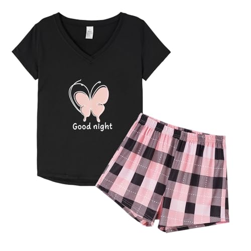 MyFav Schlafanzug Damen Kurz Shorty Süßes Pyjama Zweiteiliger Pyjamas Set Kurzarm Lounge Set Weich Hausanzug, Schmetterling,S von MyFav