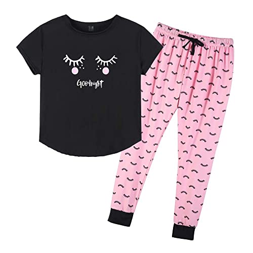 MyFav Schlafanzug Damen Lang Pyjama Set Kurzarm Top mit Hose Zweiteiliger Hausanzug Nachtwäsche Weich Loungewear,Schwarz,XL von MyFav