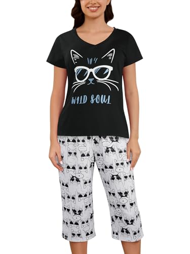 MyFav Schlafanzug Damen Niedlich Pyjama Set Kurzarm Top mit 3/4 Lang Schlafhose Sommer Zweiteiliger Nachtwäsche,Schwarz Katze,XXL von MyFav