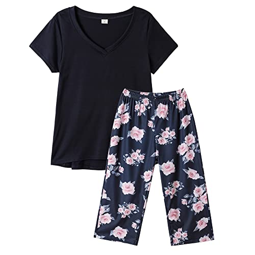 MyFav Schlafanzug Damen Sommer Pyjama Set Kurzarm Top mit 3/4 Lang Hose Zweiteiliger Nachtwäsche S-3XL (3X-Large,Marineblau) von MyFav