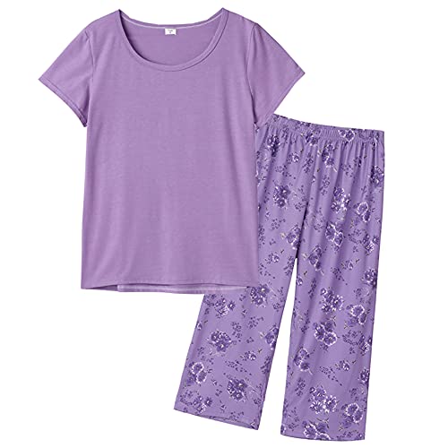 MyFav Schlafanzug Damen Zweiteiliger Pyjama Set Sommer Hausanzug Kurzarm Top mit 3/4 Lang Schlafhose Blumendruck Nachtwäsche,Violett Geblümt,L von MyFav