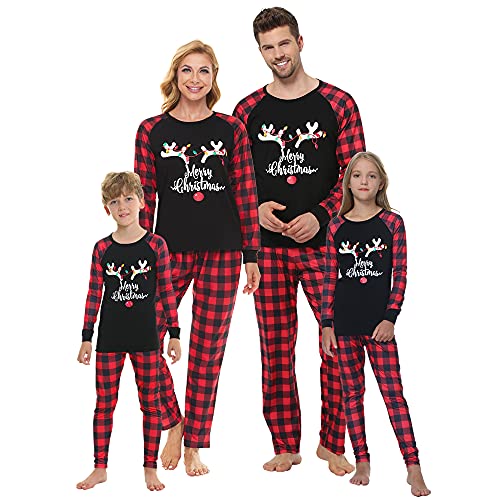 MyFav Weihnachten Familie Pyjama Set Lange Ärmel Shirt + Plaid Lange Hosen Nachtwäsche für Vater,Mutter,Kinder(Leuchtender Hirsch,Kind,10Y) von MyFav