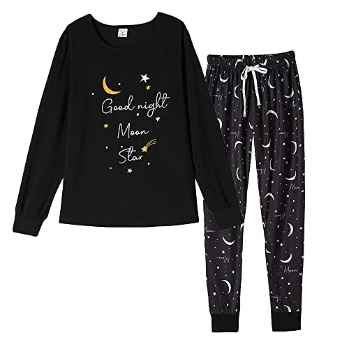 MyFav Womens Pyjamas Set Mode Lange Ärmel Mond Stern Druck Lässig Nachtwäsche Rundhalsausschnitt Top und Lange Hosen 2 Stück Hausanzug mit Kordelzug,Schwarz,M von MyFav