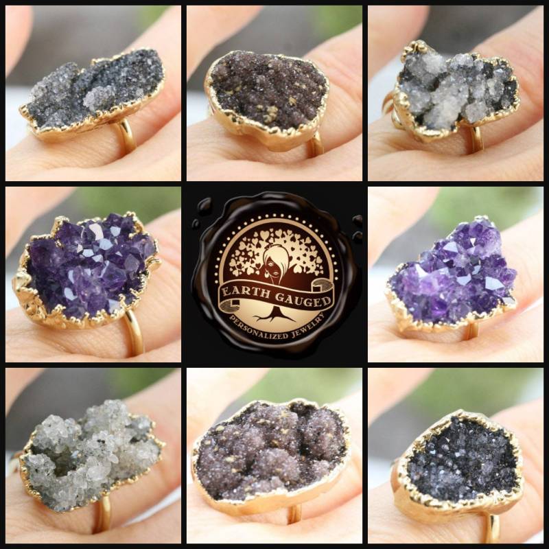 Sonderpreis 24K Gold Quartz Geode Verstellbare Ringe, Mehrfarbig, Sonderpreis -Keine Rückgabe von MyFurAngelMemorials