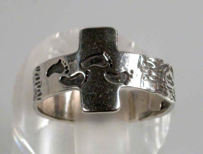 sterling Silber Kreuz Ring, Christlicher Schmuck, Christian Kreuz, Süßer Ring Mit Fußabdrücken von MyHolyLandCross