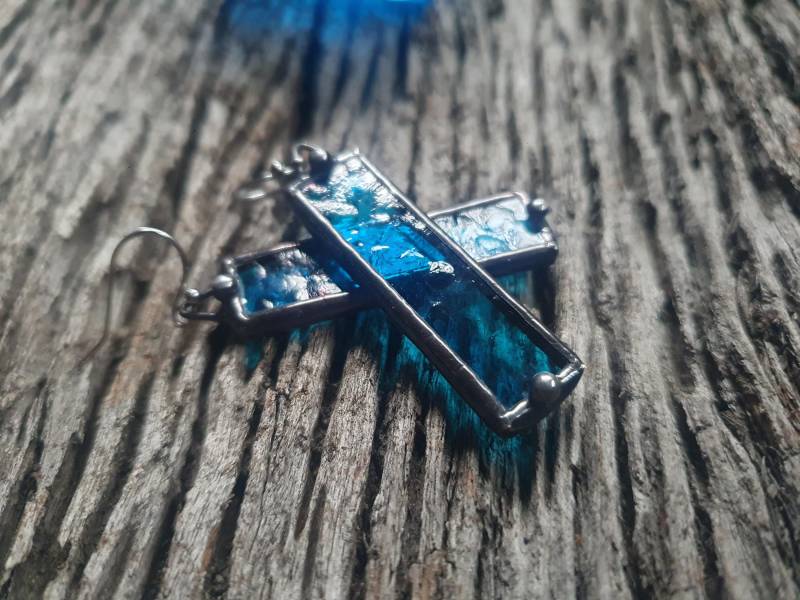 Azure Blue Stained Glass Earrings. Soldered Long Rectangle Earrings By Indigo Mood von MyIndigoMood