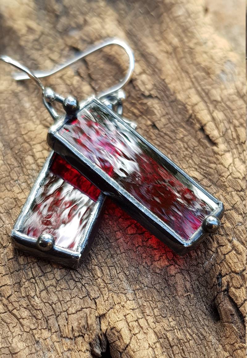 Stained Glass Earrings. Soldered Red Rectangle Stainless Steel Earrings By Indigo Mood von MyIndigoMood